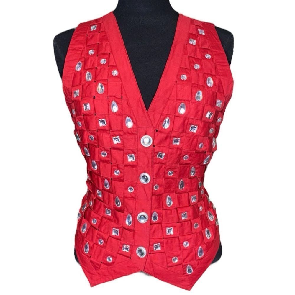 NWOT Vintage Paris Henley 100% cotton Red Embellishment Weave Material